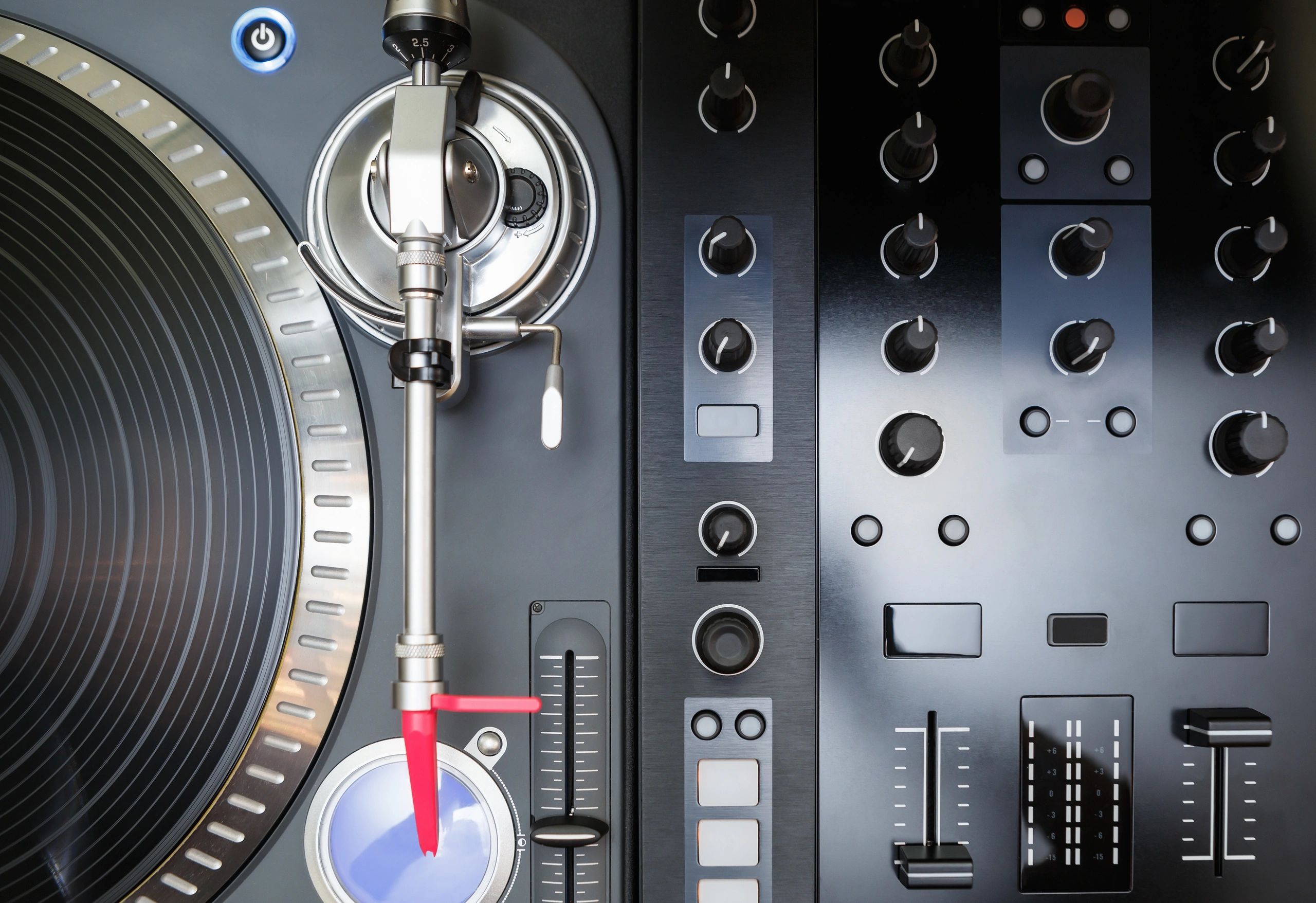 Overhead view of DJ turntables